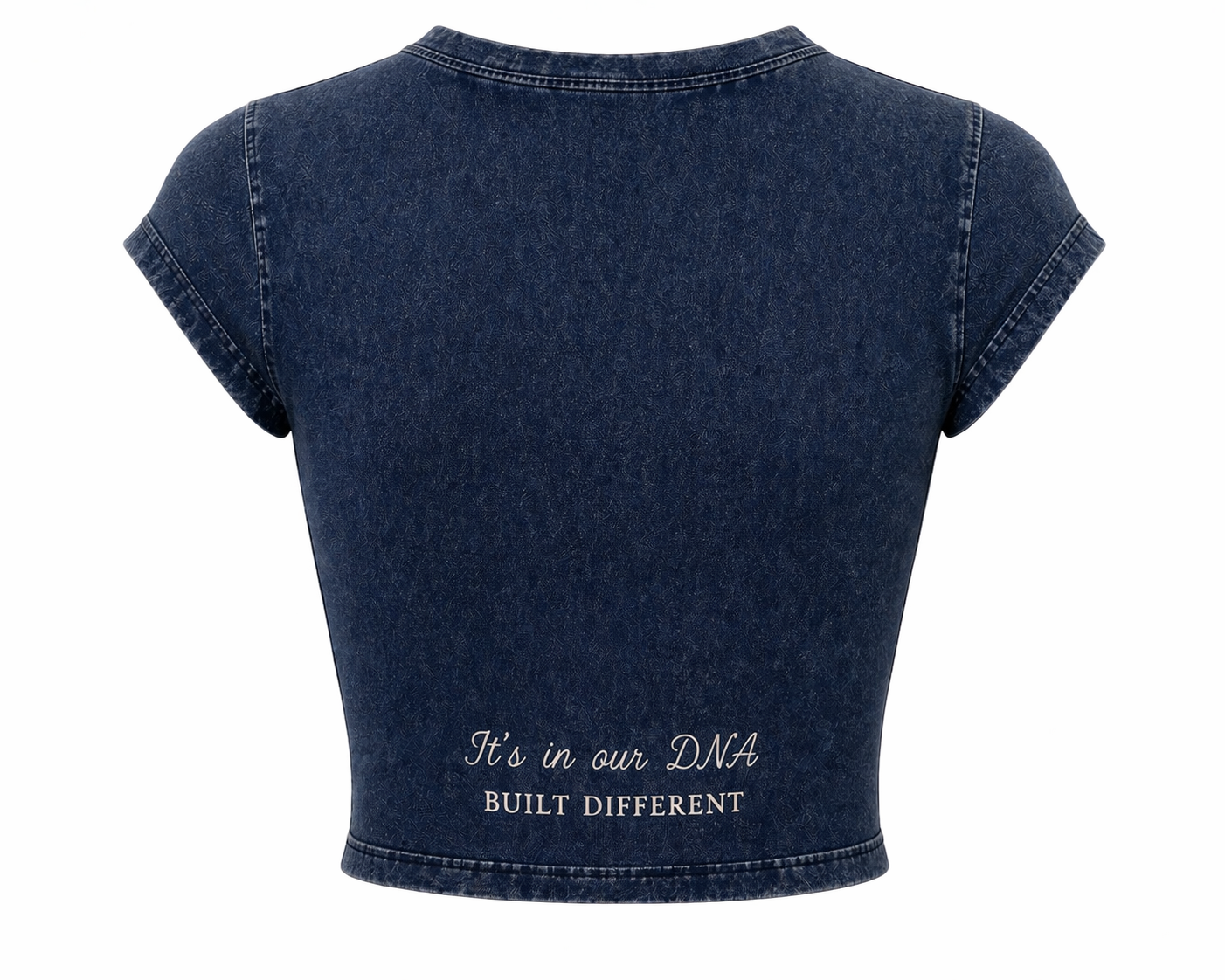 Lavish Gene “Built Different” Denim Crop Tee