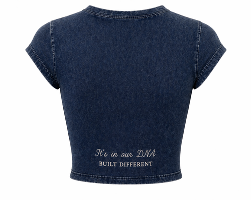 Lavish Gene “Built Different” Denim Crop Tee